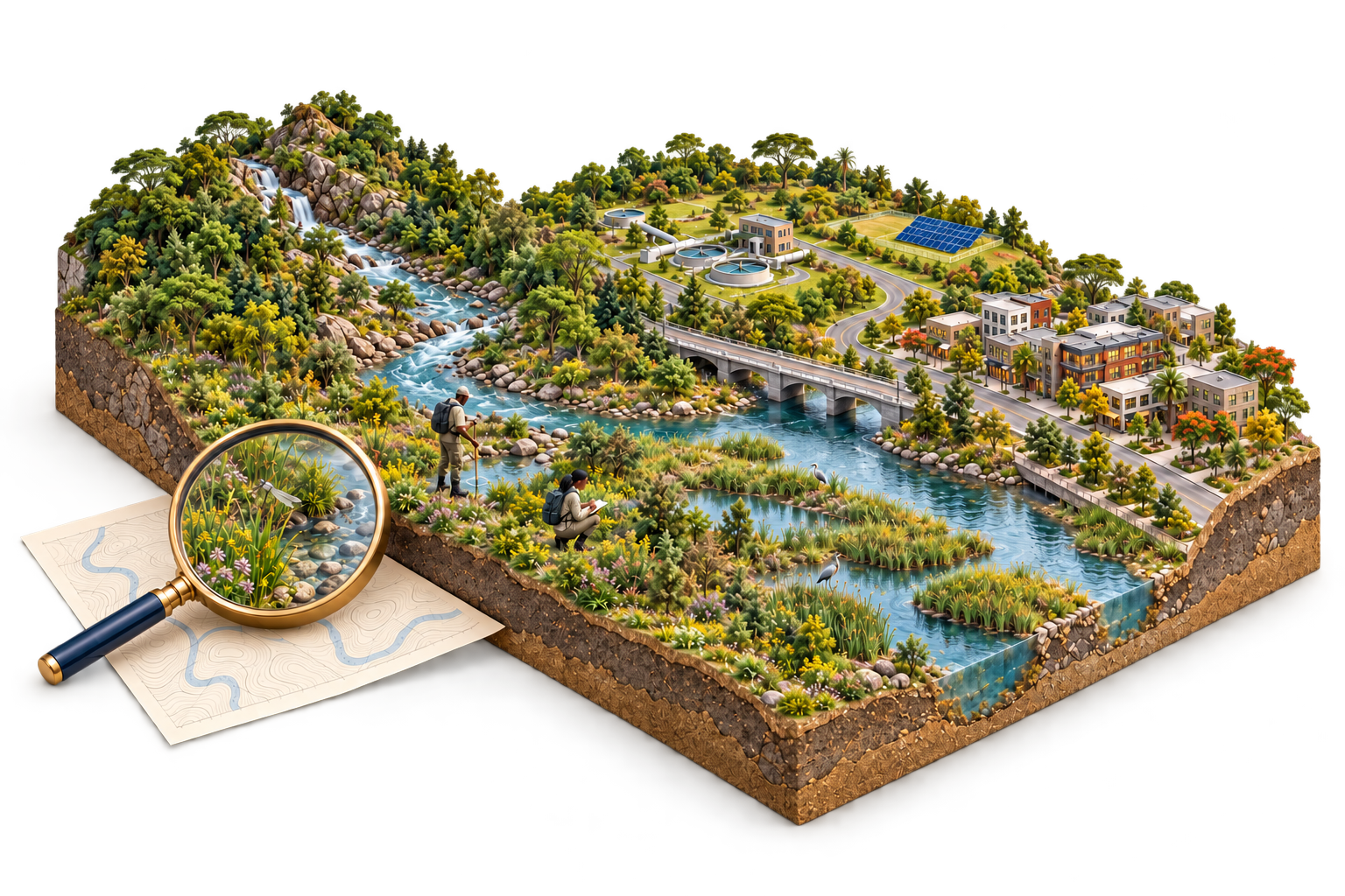 Complete river catchment illustration with Black environmental professionals surveying wetlands, wildlife, a community, and water infrastructure.