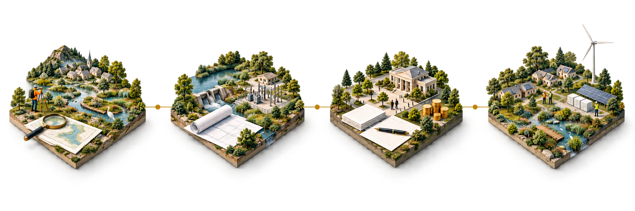 Four connected miniature landscapes: environmental field assessment, integrated infrastructure planning, investment preparation, and implementation with ecological stewardship.