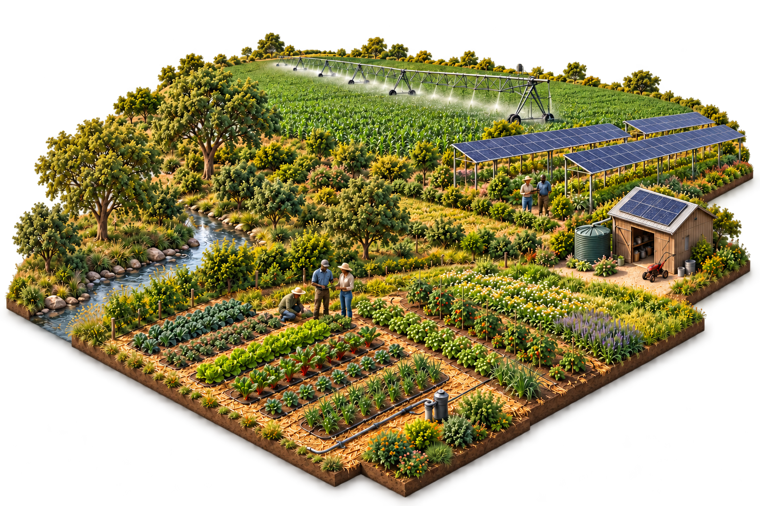 Farm landscape combining center-pivot spray irrigation, drip-irrigated beds, regenerative practices, agroforestry, and elevated solar arrays above crops.